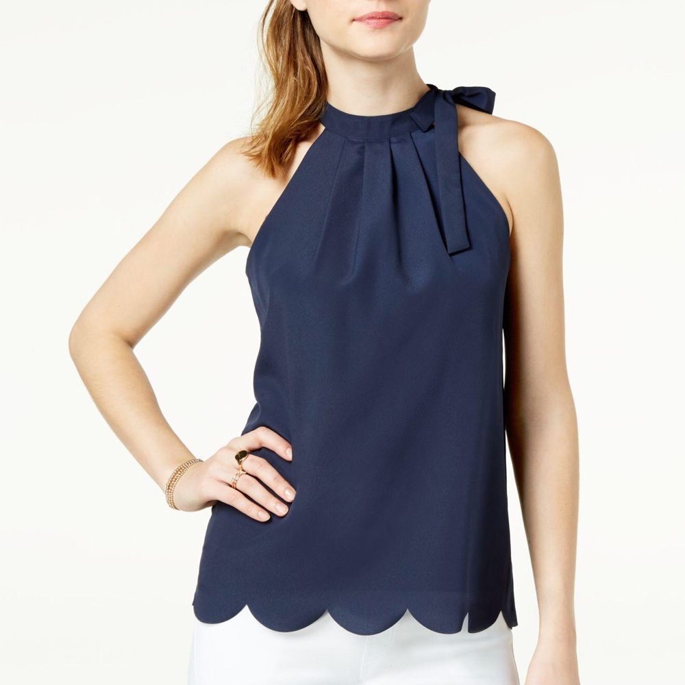 🆕 Macy's  Scalloped hem Faux tie neck top